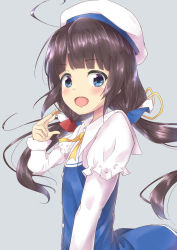 Rule 34 | 10s, 1girl, :d, ahoge, beret, between fingers, blue dress, blue eyes, blush, board game, brown hair, commentary request, dress, from side, grey background, hair ribbon, hat, highres, hinatsuru ai, holding, kurobane (fukurou15), layered sleeves, long hair, long sleeves, low twintails, open mouth, puffy short sleeves, puffy sleeves, ribbon, ryuuou no oshigoto!, school uniform, shogi, short over long sleeves, short sleeves, simple background, smile, solo, teeth, twintails, upper body, upper teeth only, very long hair, white hat, yellow ribbon