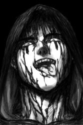 Rule 34 | 1boy, absurdres, black hair, black theme, blood, blood on face, crazy smile, dorohedoro, eye tattoo, greyscale, highres, hood, hood up, jade drop, jumpsuit, kai (dorohedoro), looking at viewer, monochrome, portrait, smile, solo, tongue, tongue out