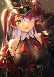 Rule 34 | 1girl, :d, arm up, bare shoulders, black coat, black hat, breasts, brooch, brown background, brown gloves, cleavage, coat, colored inner hair, corset, gem, gloves, grey hair, hand on headwear, hat, heterochromia, highres, hololive, houshou marine, houshou marine (marching band), jewelry, kyou-chan, large breasts, long hair, long sleeves, looking at viewer, multicolored hair, open clothes, open coat, open mouth, red eyes, red hair, see-through, see-through cleavage, sleeves past wrists, smile, solo, teeth, two-tone hair, two side up, unzipped, upper body, upper teeth only, virtual youtuber, yellow eyes
