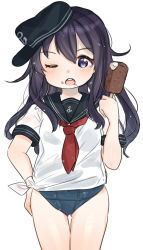 Rule 34 | 1girl, akatsuki (kancolle), anchor symbol, black sailor collar, blue one-piece swimsuit, breasts, chocolate, cowboy shot, flat cap, food, food in mouth, hair between eyes, hand on own hip, hat, highres, ice cream, kantai collection, kaomoji (sagor00237), long hair, looking at viewer, messy hair, neckerchief, old school swimsuit, one-piece swimsuit, open mouth, popsicle, purple hair, red neckerchief, sailor collar, school swimsuit, school uniform, serafuku, short sleeves, simple background, small breasts, swimsuit, swimsuit under clothes, white background