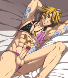 Rule 34 | 1boy, abs, armpits, arms up, bed, bed sheet, blonde hair, bullet, cum, erection, closed eyes, ezreal, grin, hata ichi, league of legends, lying, male focus, muscular, necklace, nipples, penis, smile, solo, spiked hair, sweat, tattoo, testicles, underwear