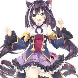 Rule 34 | 1girl, animal ear fluff, animal ears, bare shoulders, black hair, blush, cat ears, cat girl, clenched hands, commentary request, detached sleeves, dress, drill hair, fang, frilled dress, frills, green eyes, hand on own chest, iris yayoi, karyl (princess connect!), long hair, long sleeves, looking at viewer, multicolored hair, open mouth, princess connect!, shirt, sleeveless, sleeveless shirt, solo, streaked hair, twin drills, v-shaped eyebrows, white background, white hair, white shirt