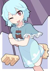 Rule 34 | 1girl, :p, blue capelet, blue hair, blue skirt, breasts, capelet, closed mouth, commentary request, cookie (touhou), foot out of frame, frilled capelet, frills, geta, holding, holding umbrella, hospital king, looking at viewer, medium bangs, medium breasts, mioto (cookie), purple background, purple umbrella, red eyes, shirt, short hair, skirt, smile, solo, tatara kogasa, tongue, tongue out, touhou, two-tone background, umbrella, white background, white shirt