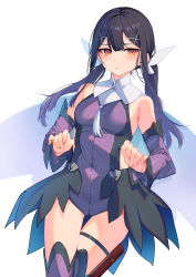 Rule 34 | 1girl, :&lt;, absurdres, armpit crease, bare shoulders, black hair, black skirt, blush, breasts, brown eyes, cape, clothes tug, collar, cowboy shot, detached collar, detached sleeves, fate/kaleid liner prisma illya, fate (series), feather hair ornament, feathers, hair ornament, hairclip, high collar, highres, jitome, leotard, light blush, long hair, looking at viewer, low twintails, magical girl, medium breasts, miyu edelfelt, orange eyes, pouch, purple leotard, purple sleeves, purple thighhighs, santa (sunflower), showgirl skirt, simple background, skirt, solo, thigh gap, thigh pouch, thigh strap, thighhighs, thighs, triangle mouth, tsurime, twintails, white background, white collar, x hair ornament