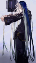 Rule 34 | 1boy, blue hair, chinese clothes, closed mouth, fate/grand order, fate (series), fingernails, itefu, long fingernails, long hair, looking back, male focus, multicolored hair, red eyes, sharp fingernails, shi huang di (fate), solo, standing, stretching, very long hair, white hair