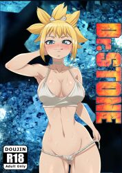 Rule 34 | 1girl, absurdres, blonde hair, blue eyes, blush, breasts, dr. stone, heart, heart-shaped pupils, highres, kohaku (dr. stone), large breasts, medium breasts, sweat, symbol-shaped pupils, tempting, the amazing gambit, tongue, tongue out, underwear, undressing