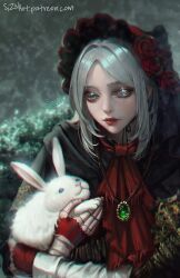 Rule 34 | 1girl, ascot, bloodborne, blue eyes, bonnet, doll joints, eyelashes, goth fashion, highres, jewelry, joints, lips, long hair, pendant, plain doll, rabbit, red ascot, sangrde, signature, solo, upper body, watermark, web address, white hair