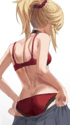 Rule 34 | 1girl, ass, back, blonde hair, bra, braid, breasts, fate/apocrypha, fate (series), french braid, grey skirt, hair ornament, hair scrunchie, highres, long hair, mordred (fate), panties, ponytail, red bra, red panties, revision, scrunchie, sidelocks, skirt, small breasts, solo, tonee, underwear