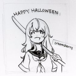 Rule 34 | artist name, commentary, commentary request, creamsherry, english commentary, greyscale, halloween, happy halloween, highres, inktober, long hair, monochrome, original, school uniform, simple background, solo, sword, weapon, white background, wooden sword