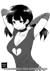 Rule 34 | 1girl, arms behind head, artist name, bare arms, breasts, broken heart, cleavage, collar, collarbone, commission, greyscale, heart, highres, medium breasts, monochrome, norman maggot, original, shirt, simple background, solo, spiked collar, spikes, standing, t-shirt, twintails, twitter username, upper body, white background