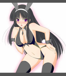 Rule 34 | 1girl, akiyama mio, black hair, breasts, covered erect nipples, front-tie top, futami masaki, k-on!, large breasts, long hair, necktie, purple eyes, rabbit girl, slingshot swimsuit, solo, swimsuit, thighhighs, wide hips, wrist cuffs