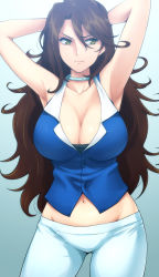 Rule 34 | 00s, 1girl, armpits, arms behind head, arms up, bare shoulders, blue shirt, breasts, brown hair, cleavage, closed mouth, collar, cowboy shot, curvy, frown, gradient background, green eyes, groin, gundam, gundam 00, hairu, highres, large breasts, legs, long hair, looking away, midriff, navel, pants, raised eyebrow, scowl, shirt, simple background, sleeveless, sleeveless shirt, solo, standing, sumeragi lee noriega, thighs, tight clothes, tight pants, very long hair, wavy hair, white pants