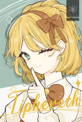 Rule 34 | 1girl, absurdres, aqua eyes, blonde hair, blush, bow, bow earrings, braid, character name, collared shirt, crown braid, earrings, hair bow, hairband, hand up, highres, index finger raised, jewelry, library of ruina, looking at viewer, medium hair, one eye closed, orange bow, orange hairband, project moon, relele, shirt, solo, tiphereth a (project moon), white shirt, yellow nails