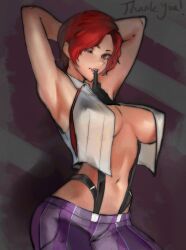 Rule 34 | 1girl, arms behind head, biting, breasts, glove biting, gloves, juaag acgy, large breasts, looking at viewer, mature female, midriff, mouth hold, navel, no bra, one eye closed, open clothes, open shirt, pants, purple pants, red eyes, seductive gaze, seductive smile, short hair, smile, teasing, the king of fighters, the king of fighters xv, vanessa (kof)