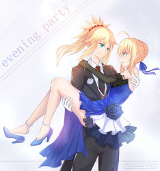 Rule 34 | 2girls, 333 (pixiv8601259), absurdres, ahoge, anklet, aqua eyes, artoria pendragon (all), artoria pendragon (fate), black gloves, black jacket, black neckwear, black pants, blonde hair, blue dress, blue footwear, blue ribbon, braid, braided bun, breasts, carrying, cleavage, copyright name, cowboy shot, dress, elbow gloves, english text, eye contact, fang, fang out, fate/grand order, fate (series), formal, full body, gloves, hair between eyes, hair bun, hair ornament, hair ribbon, hair scrunchie, hand on another&#039;s shoulder, high heels, highres, jacket, jewelry, long hair, looking at another, mordred (fate), mordred (fate/apocrypha), mordred (formal dress) (fate), multiple girls, necktie, official alternate costume, open mouth, pants, ponytail, princess carry, pumps, red scrunchie, ribbon, saber (fate), saber (lapis lazuli dress) (fate), scrunchie, see-through, see-through cleavage, sidelocks, sleeveless, sleeveless dress, smile, standing, white gloves