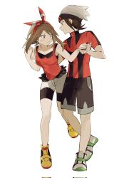 Rule 34 | 1boy, 1girl, beanie, bike shorts, bike shorts under shorts, bow hairband, brendan (pokemon), brown hair, closed mouth, creatures (company), game freak, green footwear, hairband, hat, highres, holding hands, may (pokemon), nintendo, pokemon, pokemon adventures, sakanobo (sushi1021), shirt, shoes, short hair, short shorts, short sleeves, shorts, sleeveless, sleeveless shirt, sneakers, tight clothes, tight shirt, turtleneck, white background, white footwear, white headwear, white shorts, yellow footwear, zipper pull tab
