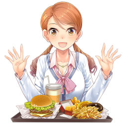 Rule 34 | 10s, 1girl, blush, breasts, brown eyes, brown hair, burger, chicken nuggets, cleavage, doughnut, drill hair, drink, fast food, food, french fries, hojo karen, idolmaster, idolmaster cinderella girls, jewelry, large breasts, long hair, mk (mod0), necklace, open mouth, school uniform, simple background, smile, solo, twin drills, twintails, upper body