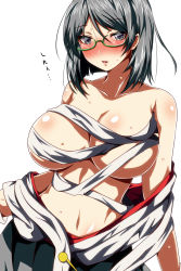 Rule 34 | 10s, 1girl, ar (lover boy), bare shoulders, black eyes, black hair, blush, breasts, collarbone, cowboy shot, green-framed eyewear, headgear, highres, japanese clothes, kantai collection, kirishima (kancolle), large breasts, looking at viewer, navel, nontraditional miko, nose blush, parted lips, sarashi, solo, stomach, sweat, undressing