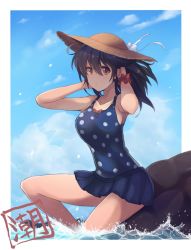 Rule 34 | 10s, 1girl, arms behind head, black hair, blue sky, bow, breasts, brown eyes, character name, cloud, collarbone, day, dyson (edaokunnsaikouya), female focus, gradient background, hat, hat bow, kantai collection, large breasts, long hair, md5 mismatch, one-piece swimsuit, orange eyes, polka dot, polka dot swimsuit, red bow, rock, scrunchie, sitting, sky, soaking feet, solo, sun hat, swimsuit, ushio (kancolle), water, white bow, wrist scrunchie, wristband