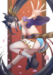Rule 34 | 1girl, absurdres, ass, black hair, blue eyes, blue panties, breasts, cherry blossoms, detached sleeves, fate/grand order, fate (series), geta, hat, highres, holding, holding sword, holding weapon, large breasts, long hair, looking at viewer, outstretched hand, panties, petals, purple sleeves, sakuya (liao kj), scabbard, sheath, side ponytail, sideboob, socks, solo, sword, tate eboshi, underwear, ushiwakamaru (fate), very long hair, weapon, white socks