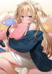 Rule 34 | 1girl, blonde hair, blue eyes, blush, closed mouth, commentary request, controller, dualshock, embarrassed, feet out of frame, game controller, gamepad, highres, kanda done, long hair, long sleeves, looking at viewer, hugging object, off shoulder, on bed, original, pillow, pillow hug, playstation controller, purple eyes, sidelocks, sitting, socks, solo, stuffed animal, stuffed toy, sweat, tears, two side up, wavy mouth, white socks