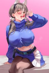Rule 34 | 1girl, absurdres, animal ears, belt, black pantyhose, blue archive, blue sweater, blush, breasts, brown hair, candy, cat ears, fake animal ears, food, glasses, gradient background, hair bobbles, hair ornament, hair scrunchie, highres, huge breasts, lollipop, long hair, long sleeves, looking at viewer, low twintails, midriff, moe (blue archive), navel, open mouth, pantyhose, scrunchie, sharekoube, sitting, skirt, solo, steaming body, sweater, tongue, tongue out, turtleneck, turtleneck sweater, twintails, yellow eyes