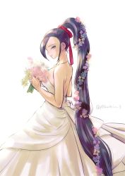 Rule 34 | 1girl, bouquet, bride, commentary request, dragon quest, dragon quest xi, dress, flower, hair flower, hair ornament, hair ribbon, high ponytail, highres, holding, holding bouquet, long hair, looking at viewer, looking back, martina (dq11), pekuchin (pekuchin 3), ponytail, purple eyes, purple hair, red ribbon, ribbon, simple background, sleeveless, sleeveless dress, solo, strapless, strapless dress, twitter username, very long hair, wedding dress, white background, white dress