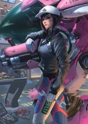 Rule 34 | 2girls, animal print, arm at side, black hair, black jacket, blue bodysuit, bodysuit, closed mouth, commentary, d.va (overwatch), dirty, dirty face, gloves, hat, headphones, headphones around neck, highres, holding, holding weapon, holding wrench, jacket, long sleeves, looking at viewer, meka (overwatch), multiple girls, nano cola, overwatch, overwatch 1, partially unzipped, rabbit print, raikoart, red lips, shaded face, shooting star d.va, smile, solo focus, standing, weapon, white gloves, white hat, wrench