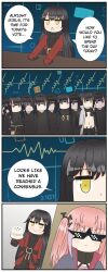 Rule 34 | 6+girls, around corner, behind another, black hair, black hood, blue coat, brown eyes, c:, cake, clone, closed mouth, coat, commentary, cyberspace, dandelion (girls&#039; frontline), deal with it (meme), english commentary, english text, food, girls&#039; frontline, griffin &amp; kryuger military uniform, hair ornament, highres, holding, holding cake, holding food, holding plate, isomer (girls&#039; frontline), isomer hivemind (girls&#039; frontline), jb9 (johnbravado9), jitome, light blush, long hair, meeting, meme, midriff, mod3 (girls&#039; frontline), multiple girls, navel, nimogen (girls&#039; frontline), no mouth, nyto (girls&#039; frontline), nyto larvae (girls&#039; frontline), one side up, paradeus, pink hair, plate, prank, purple eyes, red coat, scapular, sleeves past wrists, smile, st ar-15 (girls&#039; frontline), st ar-15 (mod3) (girls&#039; frontline), sunglasses, telepathy, triangle mouth, very long hair, white coat, yellow eyes