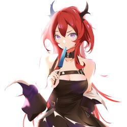 Rule 34 | 1girl, arknights, bare shoulders, black dress, breasts, cleavage, commentary request, dress, food, highres, holding, holding food, horns, long hair, looking at viewer, medium breasts, popsicle, purple eyes, red hair, simple background, sleeveless, sleeveless dress, solo, surtr (arknights), upper body, venturecapital, very long hair, white background