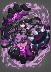Rule 34 | 1girl, absurdly long hair, bags under eyes, bare shoulders, belt, black hair, covered mouth, doku-chan (dokkudokudoku), extra arms, fantasy, giant hand, grey background, half-closed eyes, highres, jitome, long hair, looking at viewer, midriff, multicolored hair, original, purple hair, purple theme, simple background, sleeves past wrists, smoke, solo, spikes, thighhighs, twintails, two-tone hair, very long hair, wide sleeves, zipper
