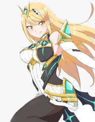 Rule 34 | 1girl, blonde hair, breasts, highres, legs, long hair, looking at viewer, mythra (massive melee) (xenoblade), mythra (xenoblade), nintendo, pantyhose, sidelocks, skirt, smile, solo, super smash bros., thighs, tiara, xenoblade chronicles (series), xenoblade chronicles 2, yellow eyes