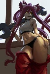 Rule 34 | 1girl, absurdres, animal ear fluff, animal ears, backlighting, black panties, blazblue, breasts, candy, cat ears, cat tail, commentary, crop top, dudeunderscore, english commentary, food, glasses, hair between eyes, halterneck, hand on own hip, highres, kokonoe (blazblue), lollipop, long hair, multiple tails, navel, orange eyes, oversized object, panties, pants, pince-nez, pink hair, ponytail, red pants, short eyebrows, sleeveless, small breasts, solo, tail, thick eyebrows, thick thighs, thighs, toned, underwear, undressing, very long hair, wrench
