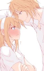 Rule 34 | 1boy, 1girl, blonde hair, blue eyes, blush, couple, crossed arms, ezreal, headband, hetero, highres, league of legends, leaning, lux (league of legends), nakatokung, self-upload, shirt, smile, sweatdrop, white background