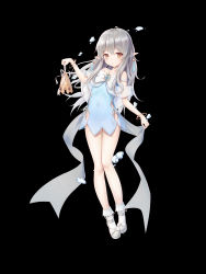 Rule 34 | 1girl, absurdres, akelp, arm up, bell, black background, blue dress, bracelet, brown eyes, bubble, clothing cutout, covered navel, dress, earrings, elf, full body, gem, grey hair, highres, holding, jewelry, legs, long hair, original, pointy ears, shoes, short dress, side cutout, simple background, socks, solo, white footwear
