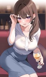 Rule 34 | 1girl, alcohol, blush, breasts, brown hair, collarbone, commentary request, cup, drink, earrings, grey nails, grey skirt, hand up, highres, holding, holding drink, jewelry, large breasts, medium hair, monoto, nail polish, office lady, original, parted lips, pillow, purple eyes, shirt, shirt tucked in, sitting, skirt, smile, white shirt