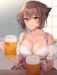 Rule 34 | 1girl, alcohol, alternate costume, beer, beer mug, blouse, breasts, brown hair, cleavage, commentary request, cup, dirndl, frilled shirt, frills, german clothes, green eyes, highres, kantai collection, kasumi (skchkko), large breasts, looking at viewer, mug, mutsu (kancolle), plaid, plaid skirt, shirt, short hair, skirt, solo, upper body, waitress, white shirt