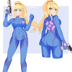 Rule 34 | 1girl, absurdres, ass, blonde hair, blue bodysuit, blue eyes, bodysuit, breasts, commentary, english commentary, full body, gun, highres, holding, holding gun, holding weapon, ivanpaw, large breasts, long hair, looking at viewer, looking back, making-of available, metroid, nintendo, paralyzer, ponytail, samus aran, sideboob, skin tight, smile, solo, twitter username, weapon, zero suit