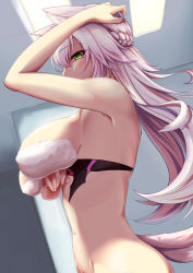 Rule 34 | 1girl, absurdres, animal ears, arm under breasts, arm up, atalanta (fate), atalanta alter (fate), bare arms, bare shoulders, blush, braid, breasts, cat ears, cat girl, cat tail, commentary request, fate/grand order, fate (series), from side, green eyes, highres, indoors, large breasts, long hair, morino fukurou, navel, silver hair, solo, tail