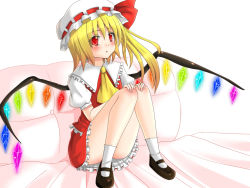 Rule 34 | 1girl, blonde hair, blouse, collared shirt, dotera, embodiment of scarlet devil, female focus, flandre scarlet, frilled vest, frills, hair between eyes, hanazome dotera, hat, mary janes, mob cap, red eyes, shirt, shoes, side ponytail, socks, solo, touhou, vest, white hat, white shirt, white socks, wings