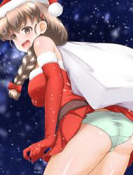 Rule 34 | 1girl, artist name, braid, braided ponytail, breath, brown eyes, brown hair, christmas, commentary, cowboy shot, crotch seam, dress, elbow gloves, from side, fur-trimmed dress, fur trim, girls und panzer, gloves, green panties, hair ornament, hair over shoulder, hair ribbon, hairclip, hat, highres, holding, holding sack, io-catalyst, leaning forward, long hair, looking at viewer, looking back, night, open mouth, outdoors, over shoulder, panties, red dress, red gloves, red hat, red ribbon, ribbon, rukuriri (girls und panzer), sack, santa dress, santa gloves, santa hat, signature, single braid, smile, snowing, solo, standing, strapless, strapless dress, underwear