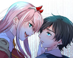 Rule 34 | 10s, 1boy, 1girl, bad id, bad pixiv id, black hair, blue eyes, couple, darling in the franxx, face-to-face, finger to mouth, green eyes, hiro (darling in the franxx), horns, long hair, looking at another, military, military uniform, necktie, oni horns, orange neckwear, pink hair, short hair, tom srsm, uniform, zero two (darling in the franxx)