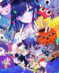 Rule 34 | 6+girls, ado (utaite), black bow, black bowtie, black hair, blue eyes, blue flower, blue hair, blue rose, bow, bowtie, braid, braided bangs, chando (ado), clenched hand, clenched teeth, closed mouth, cloud nine inc, collared shirt, commentary, double v, dress shirt, flower, flower brooch, gira gira, gloves, hair over one eye, hair rings, hayakawasakushiido, head tilt, highres, long hair, looking at viewer, merry (ado), mole, mole under eye, multicolored hair, multiple girls, naima (ado), odo (song), one piece, one piece film: red, ponytail, purple eyes, readymade (ado), rebellion (ado), red hair, rose, shirt, sidelocks, smile, split-color hair, sunglasses, teeth, translated, two-tone hair, usseewa, uta (one piece), utaite, v, white gloves, white hair, white shirt