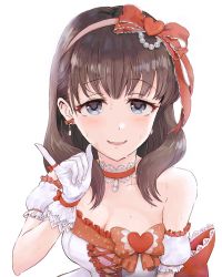 Rule 34 | 1girl, animal ears, arm garter, bad id, bad twitter id, bare shoulders, blue eyes, blush, bow, bow earrings, brown hair, choker, commentary request, dress, ear ribbon, earrings, finger ribbon, frilled dress, frills, gloves, hair bow, hair ornament, hair ribbon, hairband, heart, heart hair ornament, idolmaster, idolmaster cinderella girls, jewelry, looking at viewer, parted lips, pink hairband, pinky out, red bow, red ribbon, ribbon, sakuma mayu, simple background, smile, solo, strapless, strapless dress, sweat, upper body, white background, white dress, white gloves, wrist ribbon