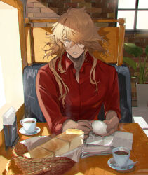 Rule 34 | 1boy, alternate costume, basket, booth seating, bread, brick wall, broken egg, chromatic aberration, coffee cup, collared shirt, colored eyelashes, creamer packet, cup, disposable cup, egg (food), eggshell, elbow on table, food, fruit, hair over one eye, hair over shoulder, hardboiled egg, highres, ichimonji norimune, indoors, lemon, lemon slice, light particles, long hair, long sleeves, looking to the side, male focus, monocle, napkin, napkin holder, newspaper, open collar, parted lips, plant, potted plant, pov across table, red shirt, saucer, shirt, sideways glance, solo, spoon, steam, table, tandem, touken ranbu, upper body, window, wing collar
