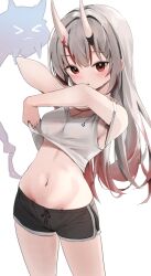 Rule 34 | 1girl, absurdres, alternate costume, black shorts, blush, camisole, camisole lift, clothes lift, gradient hair, grey hair, hashtag-only commentary, highres, hololive, horns, lifted by self, long hair, looking at viewer, multicolored hair, nakiri ayame, navel, oni, open mouth, red eyes, red hair, scarlet (wv0102), shiranui (nakiri ayame), shorts, simple background, skin-covered horns, solo, stomach, virtual youtuber, white background, white camisole