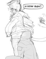 Rule 34 | 1girl, 1other, anger vein, animal ears, arknights, ass, blush, doctor (arknights), english text, flying sweatdrops, greyscale, hat, highres, hood, hooded jacket, jacket, long hair, minkye, monochrome, simple background, solo focus, swire (arknights), tail, tail wagging, thighhighs, tiger ears, tiger tail, white background