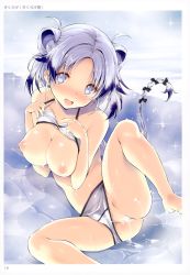 Rule 34 | 1girl, absurdres, barefoot, bikini, bikini bottom aside, bikini pull, black bow, blue eyes, blue hair, blush, bow, breasts, censored, clothes pull, clothing aside, collarbone, eyes visible through hair, floating hair, hair bow, highres, kikurage (plastic people), large breasts, long hair, looking at viewer, lying, mosaic censoring, multicolored hair, multiple hair bows, nipples, on side, open mouth, original, outdoors, page number, silver hair, solo, swimsuit, two-tone hair, very long hair, white bikini