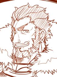 Rule 34 | beard, cape, commentary request, facial hair, fate/zero, fate (series), fur trim, grin, iskandar (fate), looking at viewer, male focus, monochrome, muscular, sako (bosscoffee), sketch, smile, solo, spiked hair, upper body
