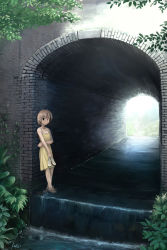 Rule 34 | 1girl, barefoot, brown hair, dress, holding, holding shoes, kajiji, original, sandals, scenery, shoes, short hair, solo, sundress, tunnel, wading, water